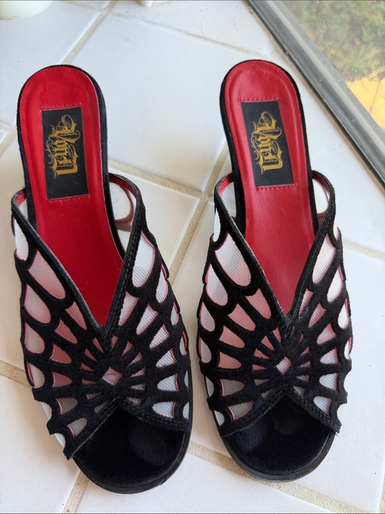 Kat Von D Shoes - ✨RARE WITH BOX✨ Adele Black spider web Mesh Cutout Slide Mules with Red Insole